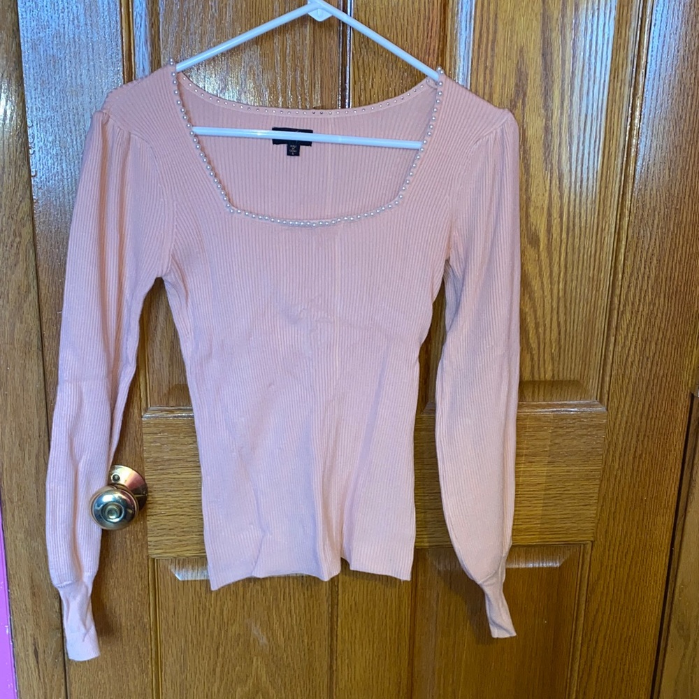 Chic Peach Long Sleeve Top with Beaded Neckline